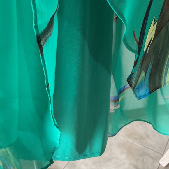 GREEN Trapeze chiffon overlay DRESS  SLEEVELESS HIGH LOW paint brush pattern 12 - Picture 4 of 10